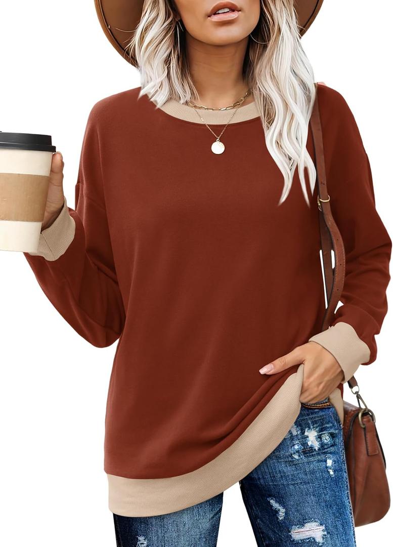Besshopie Womens Long Sleeve Shirts Crewneck Casual Tunic Tops Fall Fashion Outfits (Brown, M)