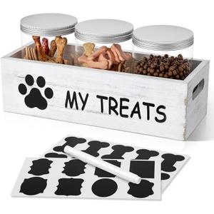 Dog Treat Container for Countertop - Dog Food Storage with 3 Jars - Pet Food Organizer For Puppy - Airtight White Wooden Dog Treat Storage With Lids - Great Gift for Pet Dog Owners