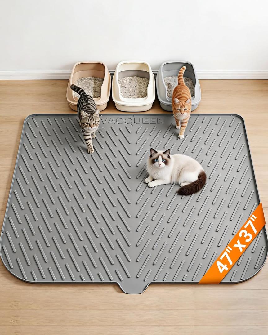 Cat Litter Box Mat, 47" x 37" Extra Large Cat Litter Mat, Silicone Waterproof Litter Trapping Mat for Scatter Control Soft on Kitty Paws Non-Slip Easy to Clean (Grey) (1 Count (Pack of 1), Gray)