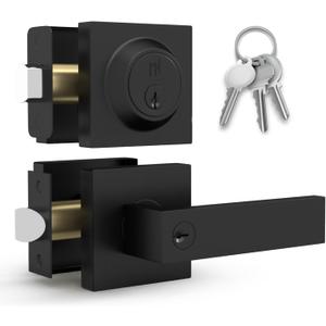 Mega Handles ROBELL Entrance Combo, Entry Lever Door Handle & Single Cylinder Deadbolt Lock & Key Combo Pack, Heavy Duty Square Locking Door Levers Set for Left or Right-Handed Doors - Matte Black