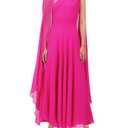 Aisbei Women's Elegant One Shoulder Dress Cape Sleeve A-Line Flowy Dress Mesh Evening Gowns Party Wedding Formal Maxi Dresses-Hot Pink, Size XS