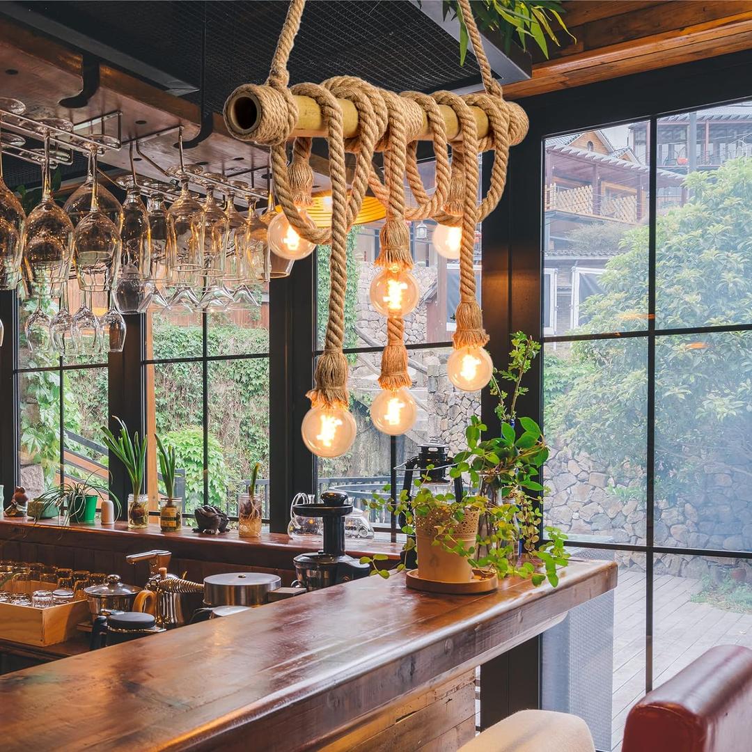 Arturesthome 6 Heads Hemp Rope Pendant Light, Vintage Bamboo Chandeliers Fixture Kitchen Island, Rustic Industrial Hanging Lamp for Bedroom Restaurant Cafe Bar Country Style Decoration