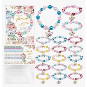 Misdary Tea Party Favor Bracelets Kids Set Include Mini Flower Teapot Beaded Bracelet Thank You Cards Transparent Bags Gifts Tea Party Accessories for Girls Women Spring Birthday Decorations