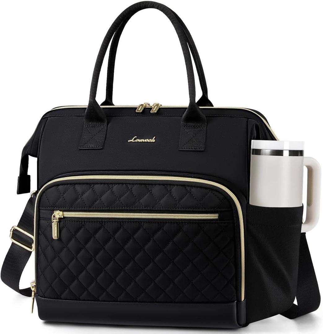 LOVEVOOK Lunch Bag Women, Insulated Adult Lunch Box for Women Work, Wide Opening Leakproof Cooler Tote Bag for Office Campus Picnic Beach with Shoulder Strap, Loncheras Para Mujer with Cup Holder (Black)