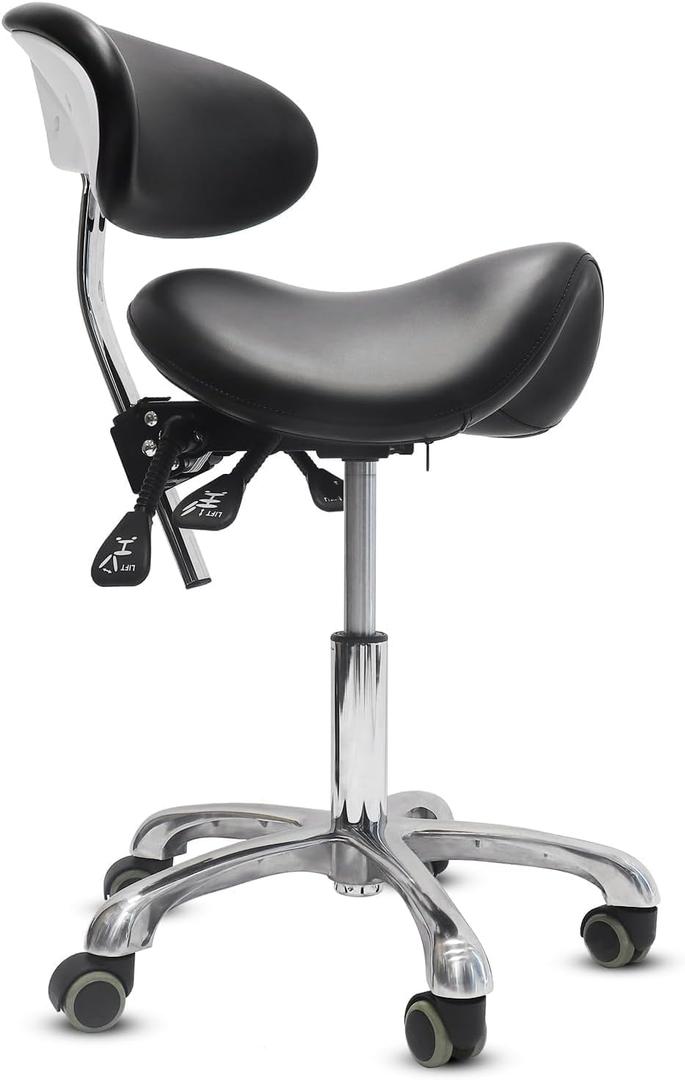 Ergonomic Saddle Chair, Rolling Stool with Wheels& Back Support 500lbs|Adjustable Height& Lumbar Support|360° swivel|Silent PU casters|For Salon, barber, tattoo, Spa, Lab, Clinic,Home, Office