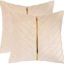 Cream Pillow Covers 18 x 18 Pack of 2 with Gold Leather Soft Velvet Throw Pillow Covers Decorative Couch Pillow Cover Luxury Modern Pillowcases Spring Summer Home Decor for Sofa Bed Living Room