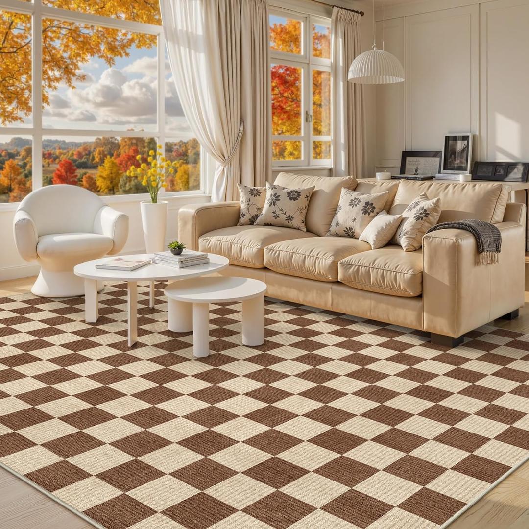 LIVEBOX 8x10 Area Rugs for Living Room, Checkered Non-Slip Washable Rugs, Farmhouse Neutral Classic Geometric Pattern Large Boys Area Rug for Bedroom, Carpet for Dining Room Office(Dark Brown,8'x10')