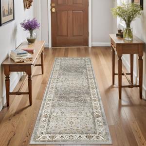 2.6x8 Washable Hallway Runner Rug - Kitchen Rugs with Non Slip Backing Vintage Soft Farmhouse Entryway Mat for Living Room Laundry Bedroom Bathroom Ivory/Grey