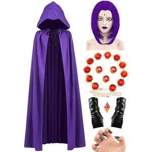Halloween Costumes for Women, Purple Cape, Anime Cosplay Hooded Cloak, Purple Anime Wig, Womens Costumes Props Set Size S,M