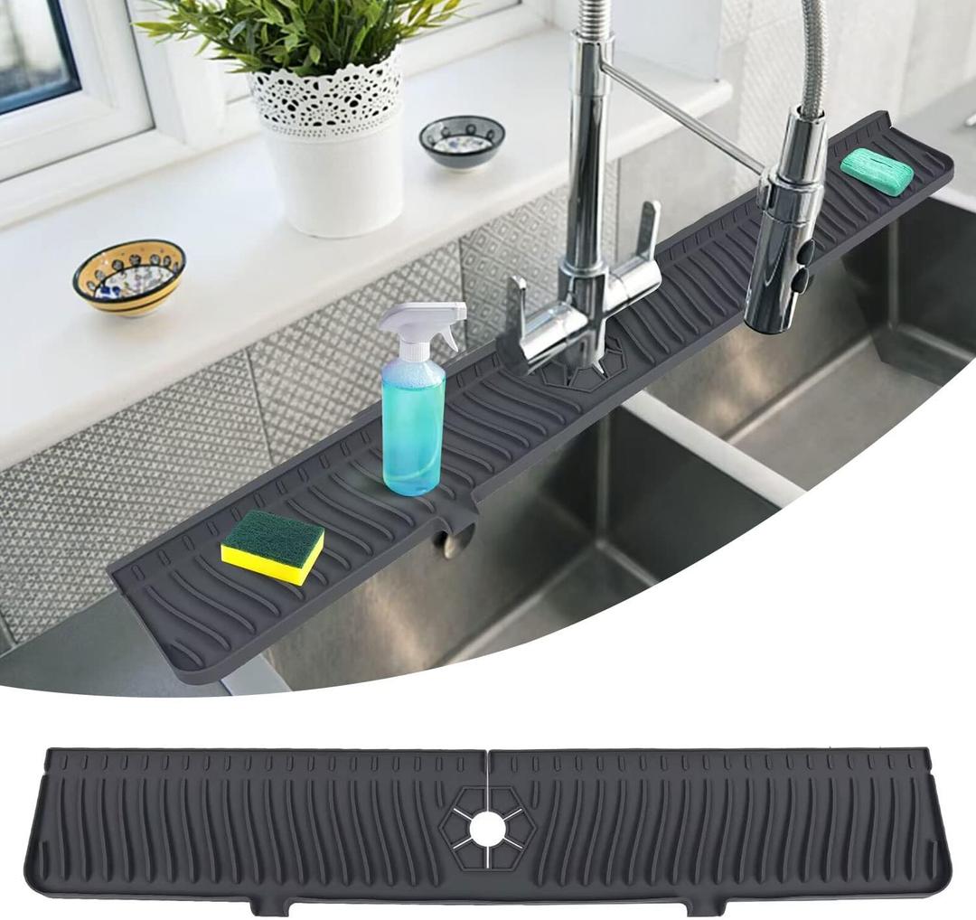 30 Inch Sink Splash Guard Mat, Faucet Mat Splash Catcher, Silicone Faucet Handle Drip Catcher Tray, Longer Sink Mat for Kitchen Dish Drying Mats Sponge Holder and Bathroom Countertop Protect(Black)