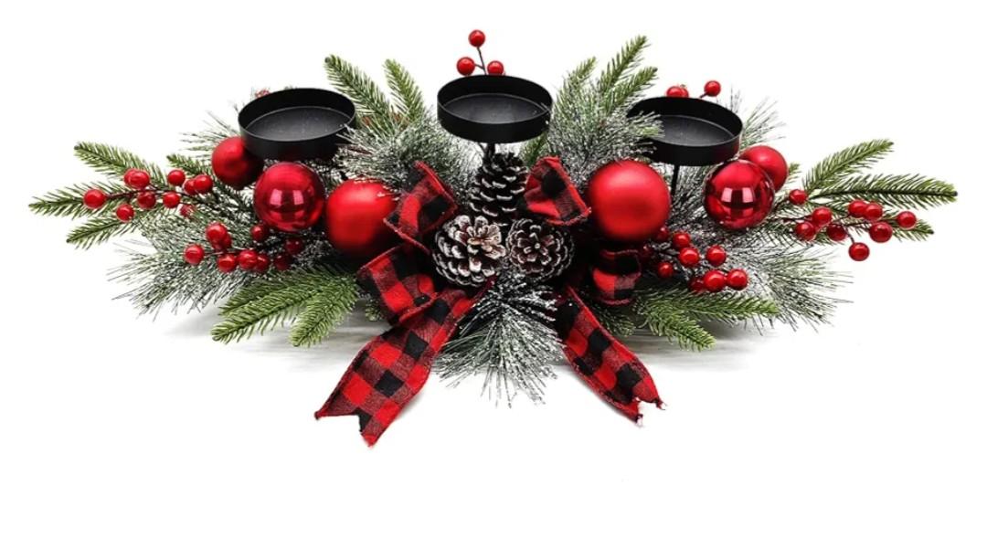 27.5-Inch Christmas Table Centerpiece with Candle Holders, Red Berries, and Pine Cones