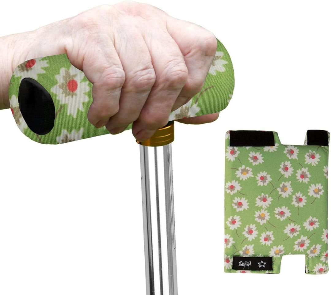SPRING SEAON Cane Handle Covers- Replacement Grip Pad for Walking,Cushion Grip Soft Non-slip of T-Handle,Universal Fit for Most Canes & Crutch Handgrips Accessories (Green flower 3)