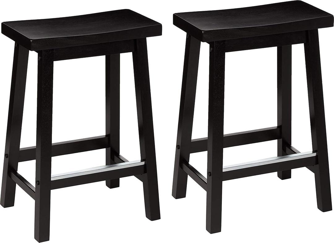 Amazon Basics Solid Wood Saddle-Seat Counter Height Bar Stools for Kitchen Island with Footrest, 24-Inch Height, Black, Set of 2
