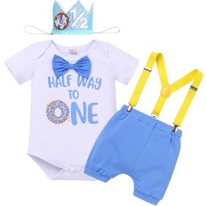 IMEKIS Baby Boy Half 1st Birthday Outfit Baseball Dount Romper Suspenders Shorts Crown Cake Smash Photoshoot Clothes (6-12 Months)