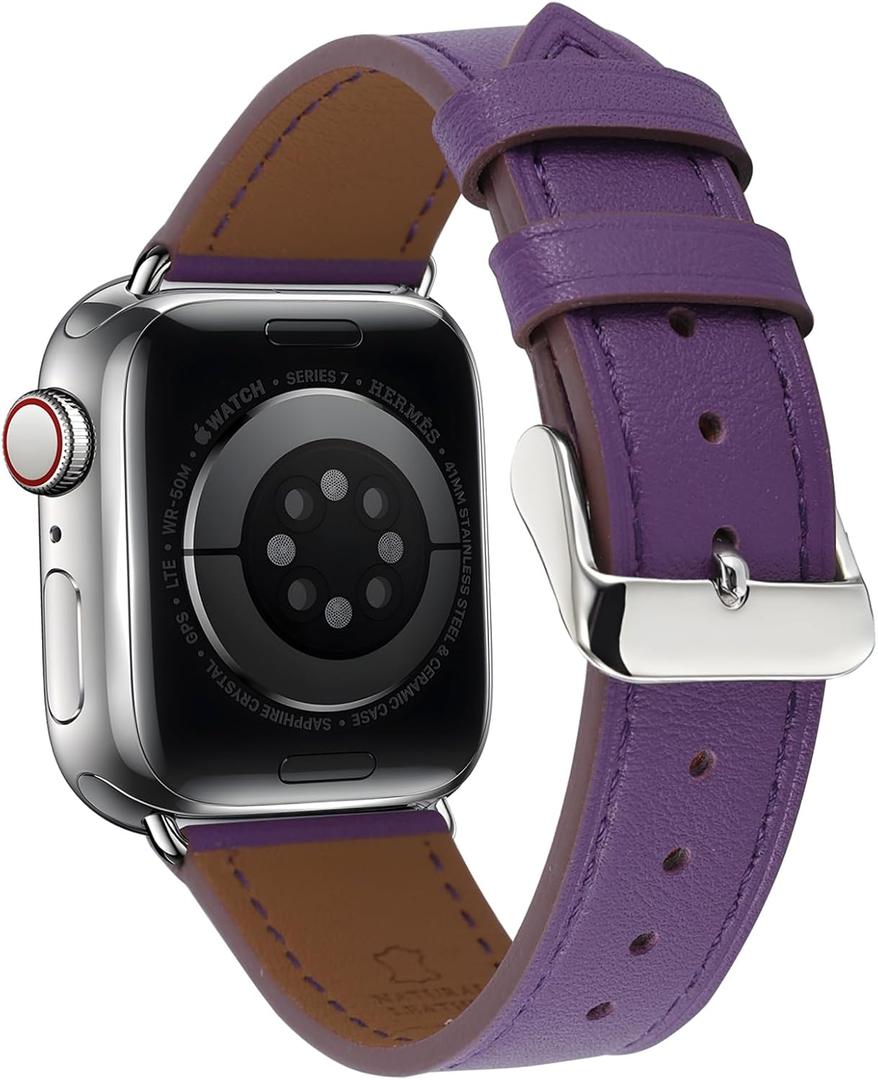 Premium Italy Leather Bands Compatible with Apple Watch Band 40mm 38mm 41mm 42mm 44mm 45mm 46mm 49mm, Soft Leather Watch Replacement Band for Watch Series Ultra SE 10 9 8 7 6 5 4 3 2 1 for Women Men (Purple)