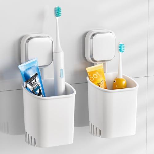 TAILI 2 Pack Suction Toothbrush Holder for Shower Wall, No Nail, No Glue! Self-draining Shower Cup for Toothpaste, Toothbrush, Kitchen Tableware, Strong Suction Cup Razor Holders for Bathroom, White