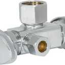 Eastman 3/8 Inch OD Compression x 3/8 Inch OD Compression x 1/2 Inch FIP Multi-Turn Dual Handle Three Way Stop Valve, Brass Plumbing Fitting, Chrome, 04325LF