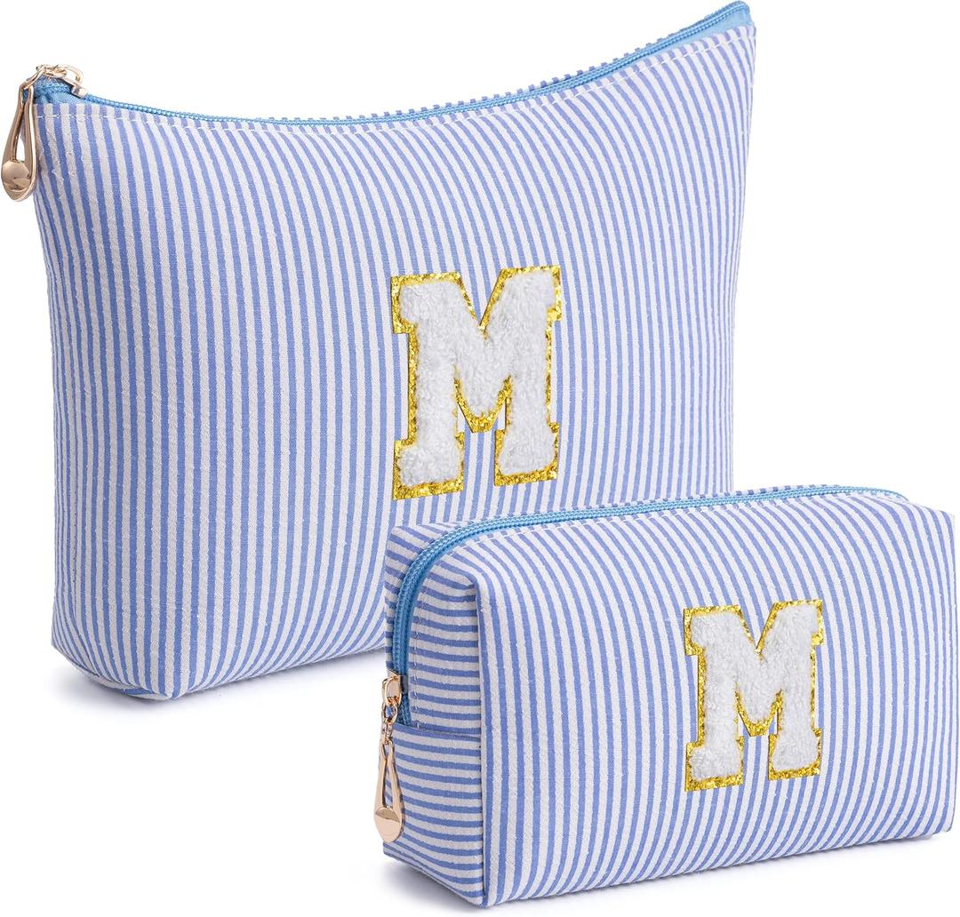 Vorey Blue Personalized Initial Makeup Bag Set, Cute Preppy Travel Toiletry Cosmetic Bags, Small Make Up Pouch, Birthday Gifts for Women, Girls, Friends, (M)