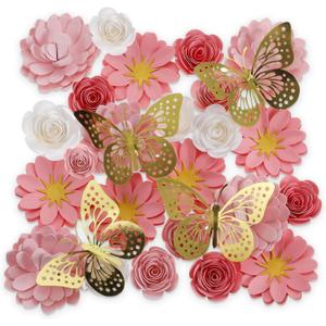 MotiMind 39 Pcs Graduation Cap Decorations Kit Including 25 Rose Heads Paper Flowers 12 3D Gold Butterfly Stickers 1 Self Adhesive Pearl 1 Rhinestones Stickers for DIY Graduation Cap(Pink)