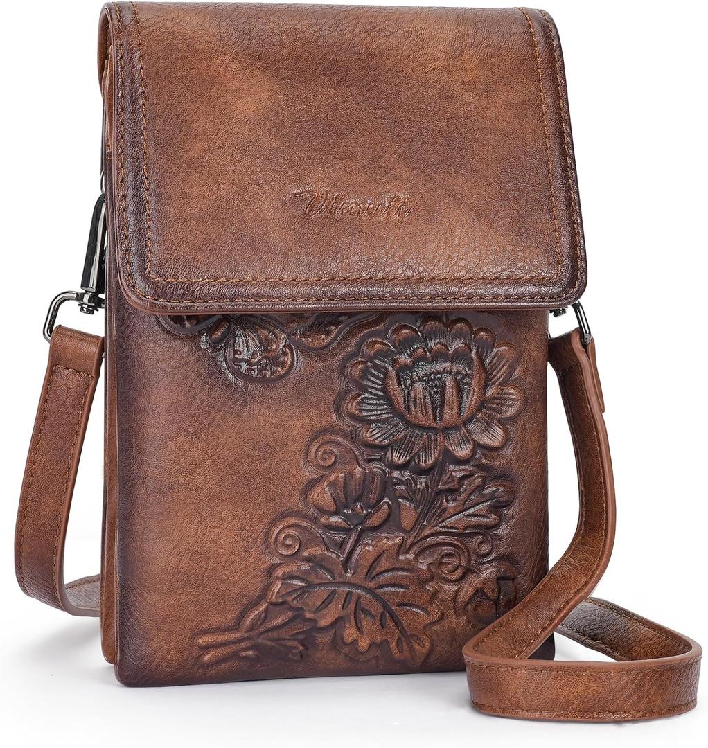 Small Crossbody Bags for Women Trendy Vegan Leather Cell Phone Bag Embossed Flower Design Wallet Purses with Strap (01-brown)