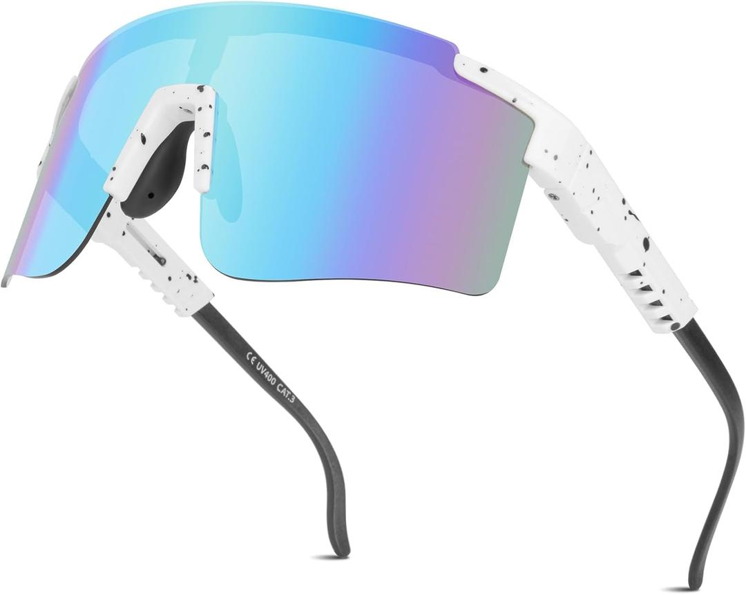 ROIBEAO Professional Cycling Glasses for Men Women, Sports Sunglasses UV Protection for Baseball Cycling Running Driving Glof (Blue and White)