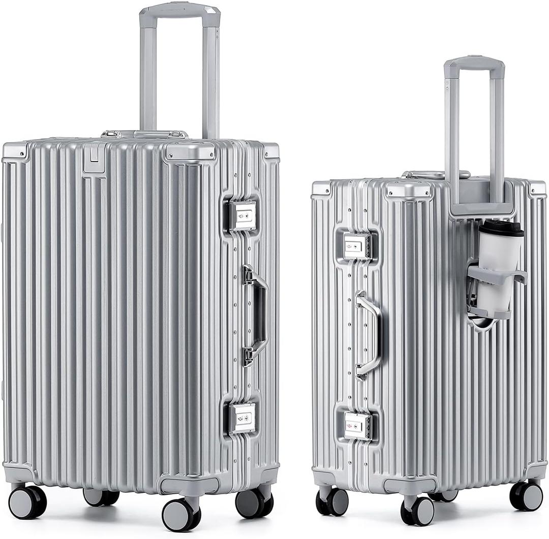 HotWay 20 Inch Aluminum Frame Carry On Luggage with Spinner Wheels, PC Hard Shell Suitcase with Cup Holder, Zipperless Luggage for Business Travel, Silver