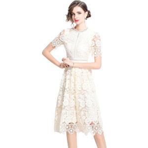 LAI MENG FIVE CATS Women's Short Sleeve Elegant Floral Lace Cocktail Party Swing Midi Dance Dress (XS)