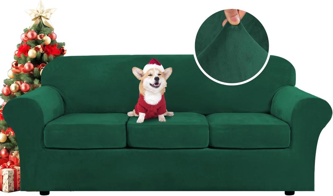 H.VERSAILTEX Modern Velvet Plush 4 Piece High Stretch Sofa Slipcover Sofa Cover Furniture Protector Form Fit Thick Velvet Sofa Cover for 3 Cushion Couch Width Up to 90 Inch (Sofa,Vintage Green)