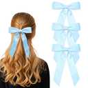 3Pcs Light Blue Hair Bows for Women Double-Layer Long Tail Bow Hair Clip Hair Ribbon Ponytail Holder Hair Accessories for Girls Toddlers