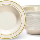 Oasis Creations Gold Rimmed Ivory Bowls - 12 ounce - 50 Count - Hard Plastic - Disposable or Reusable - Dessert - Salad - Cereal - Pasta Bowls - Ideal for Weddings, Parties, Gatherings, Events &More!