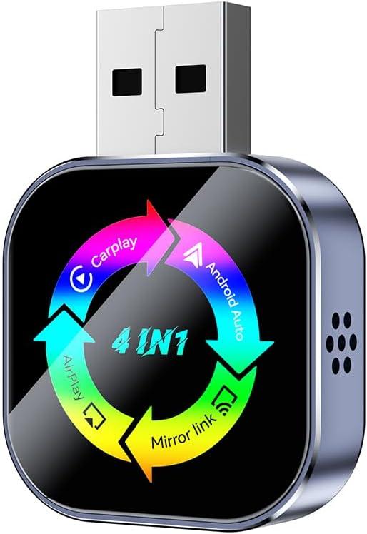 4 in 1 Wireless CarPlay Adapter 2026 Upgraded,4 in 1 Screen Mirroring Support AirPlay/Mirror Link for iPhone & Android, Mini Design, Bluetooth 5.0, USB & USB-C, Plug & Play, Wired to Wireless Convert