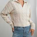 Women's V Neck Cable Pullover Sweaters Casual Long Sleeve Cropped Knitted Tops (Medium, Beige)