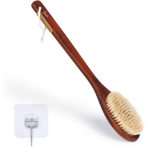 Wooden Bath Brush with Gentle Bristles Long Handle for Shower Back Scrubber Body Exfoliator (Gental Boar Bristle)