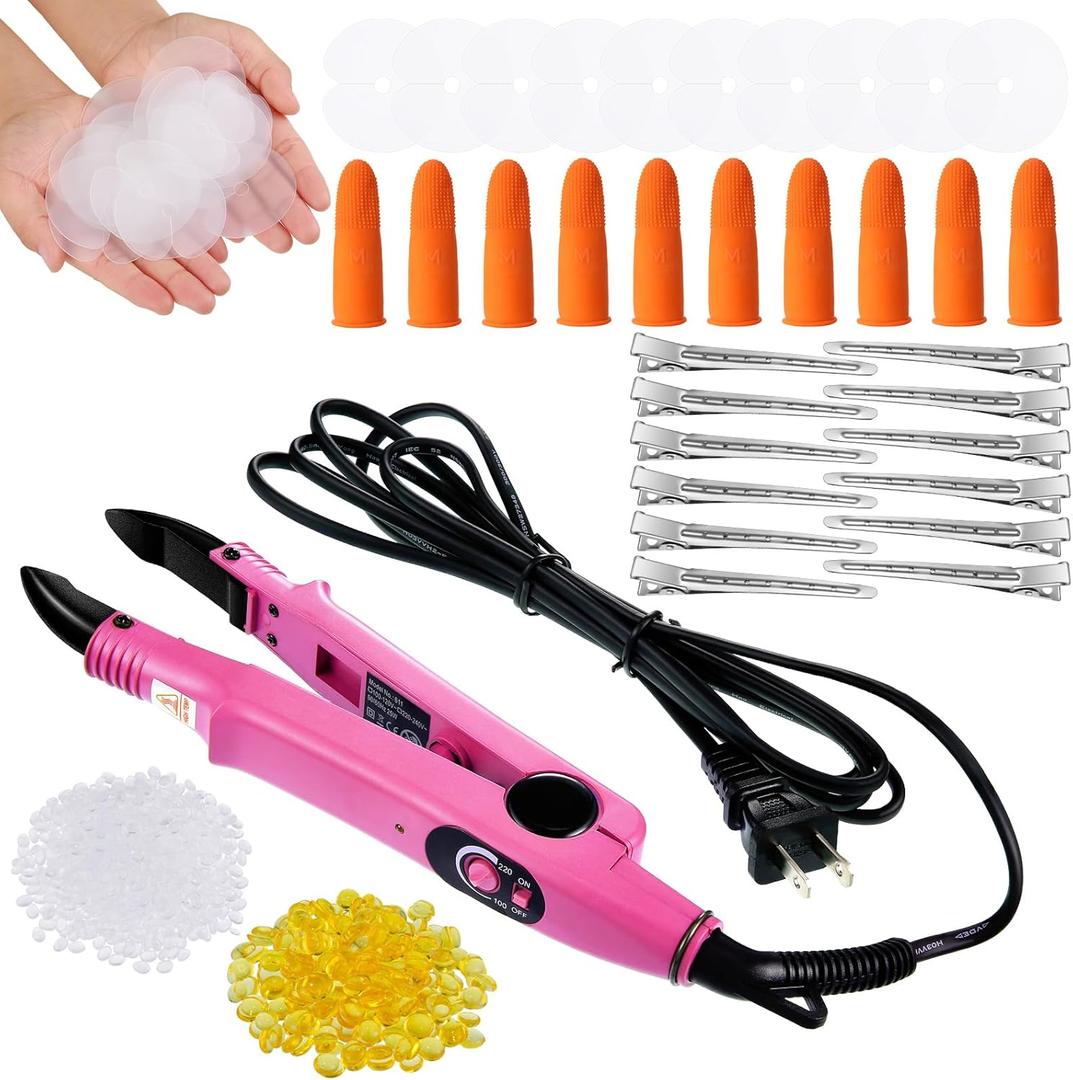 Keratin Hair Extension Kit: Heat Iron, Keratin Glue Granules, Protector Templates, Hair Clips, and Finger Protector(Pink)