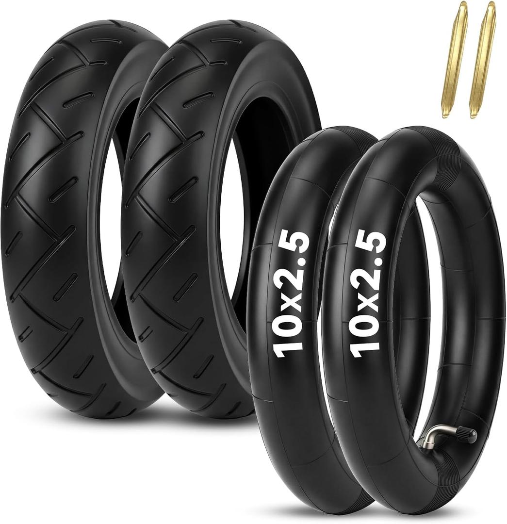 10x2.5 Scooter Tire & Tube Set: EMERK 10 Inch Wear-Resistant Pneumatic Replacement Scooter Tires and Inner Tubes with 90 Bent Valve and 2 Tire Levers, Fits 6.0" Rims (2-Pack)