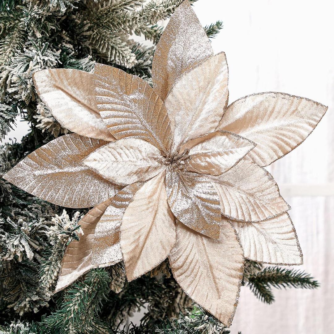 4 Pcs 16'' Champagne Gold Poinsettia Flowers Christmas Artificial Extra Large Velvet Christmas Flower Glitter Poinsettias Picks Ornaments Floral Stems for Xmas Tree Decoration Wreath Garland