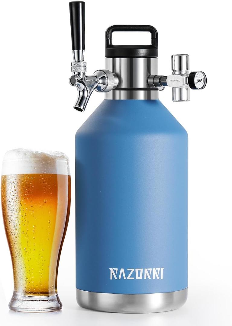 Razorri 128oz Stainless Steel Beer Growler, Double-Wall Vacuum Insulated Carbonated Keg with Professional Bar Tap and Pressurized CO2 Regulator, 1 Gallon, Ocean Blue