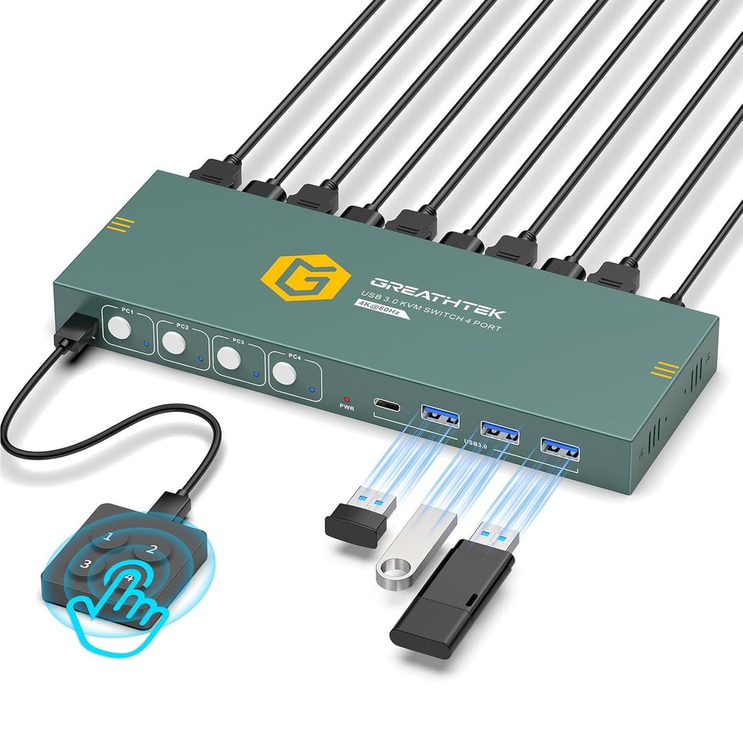 USB3.0 KVM Switch HDMI 4K@60Hz for 4 Computers Share 1 Monitor, KVM Switch 4 Port with 3 USB 3.0 Ports Share Keyboard Mouse, Support Button Switch, Plug and Play (Black)