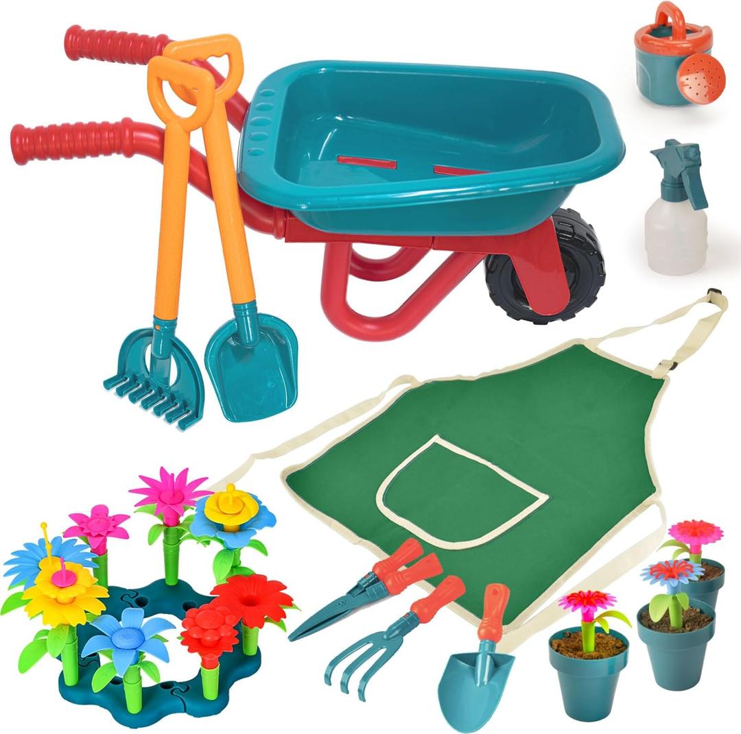 unanscre Gardening Tool Set for Kids, with Toddler Wheelbarrow, Watering Can, Spray Bottle, Double Rake, Shovel, Trowel, Pruner, Flowers Kit, Apron, Pretend Play Garden Toys for Age3+ Outdoor Yard