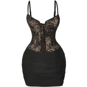 MakeMeChic Women's Fall Floral Lace Mini Dress Party Tie Front Sleeveless Bodycon Mesh Sheer Dresses (Medium, Black)