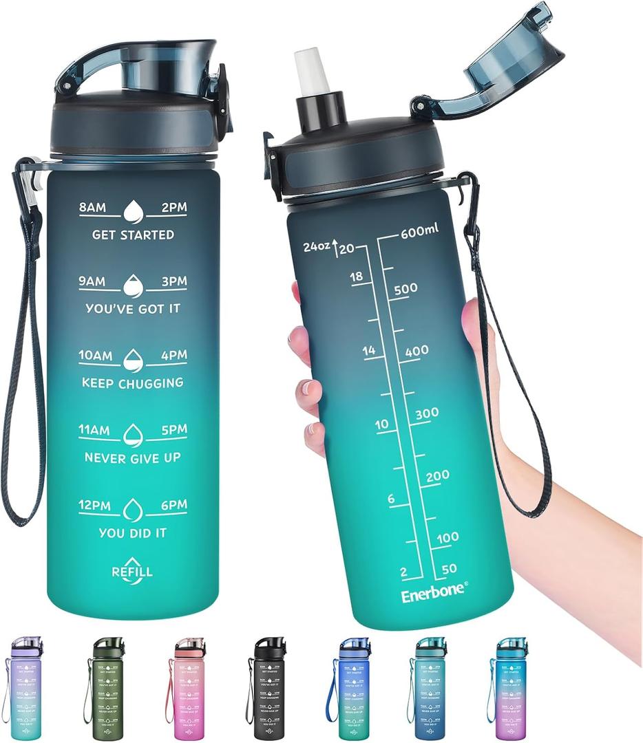 Enerbone Water Bottle, Leakproof BPA & Toxic Free, Motivational Water Bottle with Times to Drink and Straw, Fitness Sports Water Bottle with Strap for Office, Gym, Outdoor Sports (24 Ounces, Interstellar)