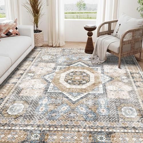 EASERUG Machine Washable Rug 9' x 12' Vintage Design Area Rugs with Non Slip Rugs for Living Room Bedroom Carpet Stain Resistant, Home Decor Office Boho Rug, Brown