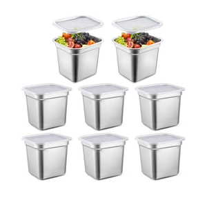 8 Pcs 1/6 Size Hotel Steam Table Pans with Lids, Stainless Steel Food Containers and PP Plastic Covers, Anti-clogging Steamer Pans for Buffet, Catering, Restaurant, and Food Prep(6" Deep)