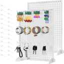 2PCS Pegboard Display Stand with 24 Peg Hooks, 13"  17" Tabletop Jewelry & Earring Display Rack for Vendors Craft Shows & Retail Store, Metal Peg Board Display Stand for Bracelet Keychains Pins White