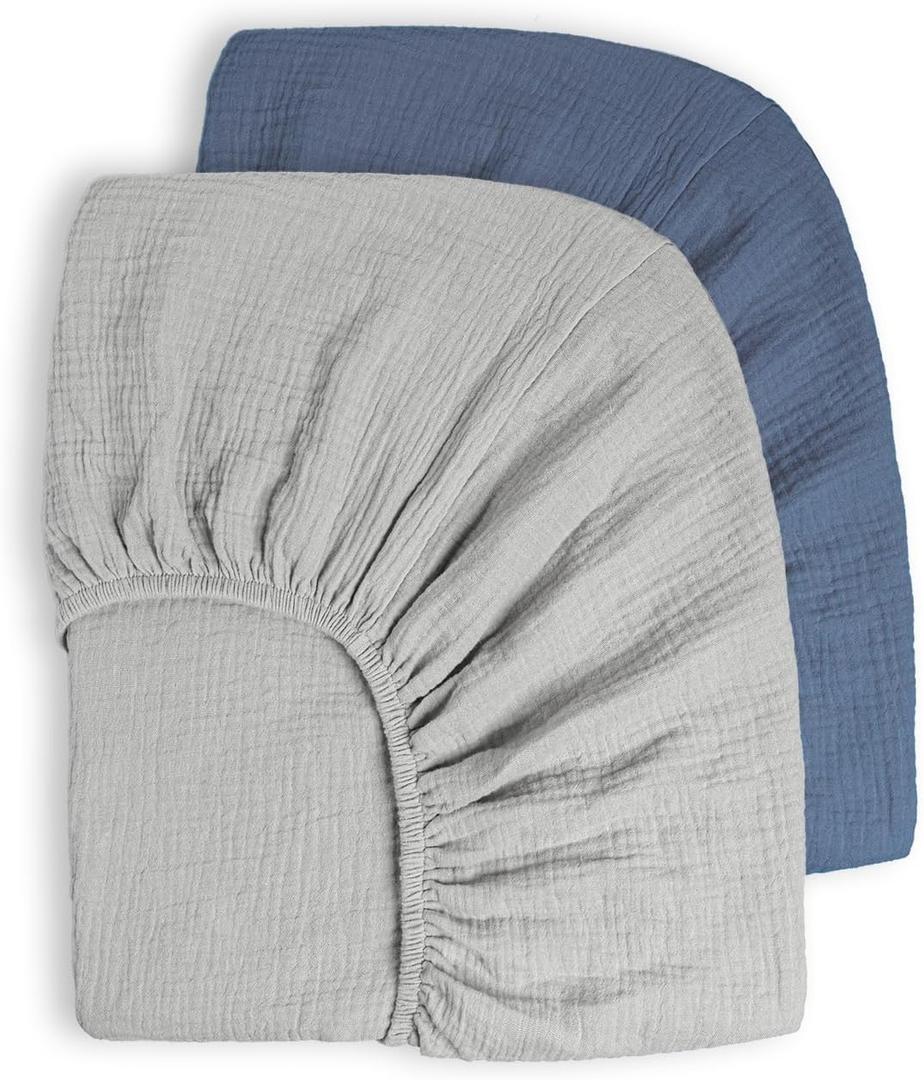 Bearmoss Muslin Crib Sheets 100% Cotton Baby Crib Sheets Fitted for Standard Crib Mattress & Toddler Bed Mattress 52"x28" Soft Breathable Crib Sheets Neutral for Boys Girls - 2 Pack (Blue Elephant)