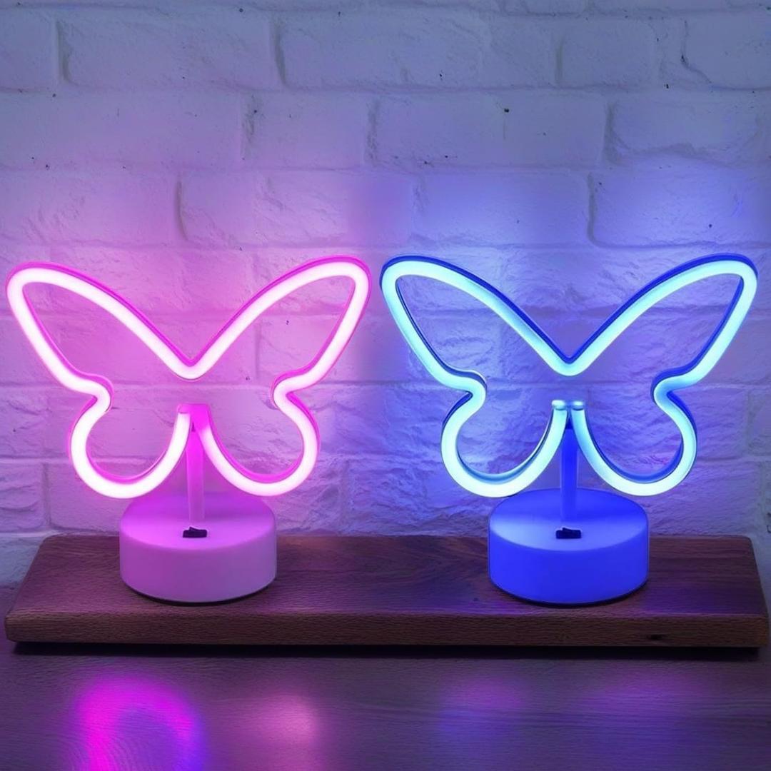 BRIGHTDECK 2 Pack Butterfly Neon Signs, LED Pink Butterfly Sign Battery or USB Powered Decoration Lamp, Neon Lights Heart Decor for Valentines Day, Bedroom, Wedding, Party, Pink Room Decor