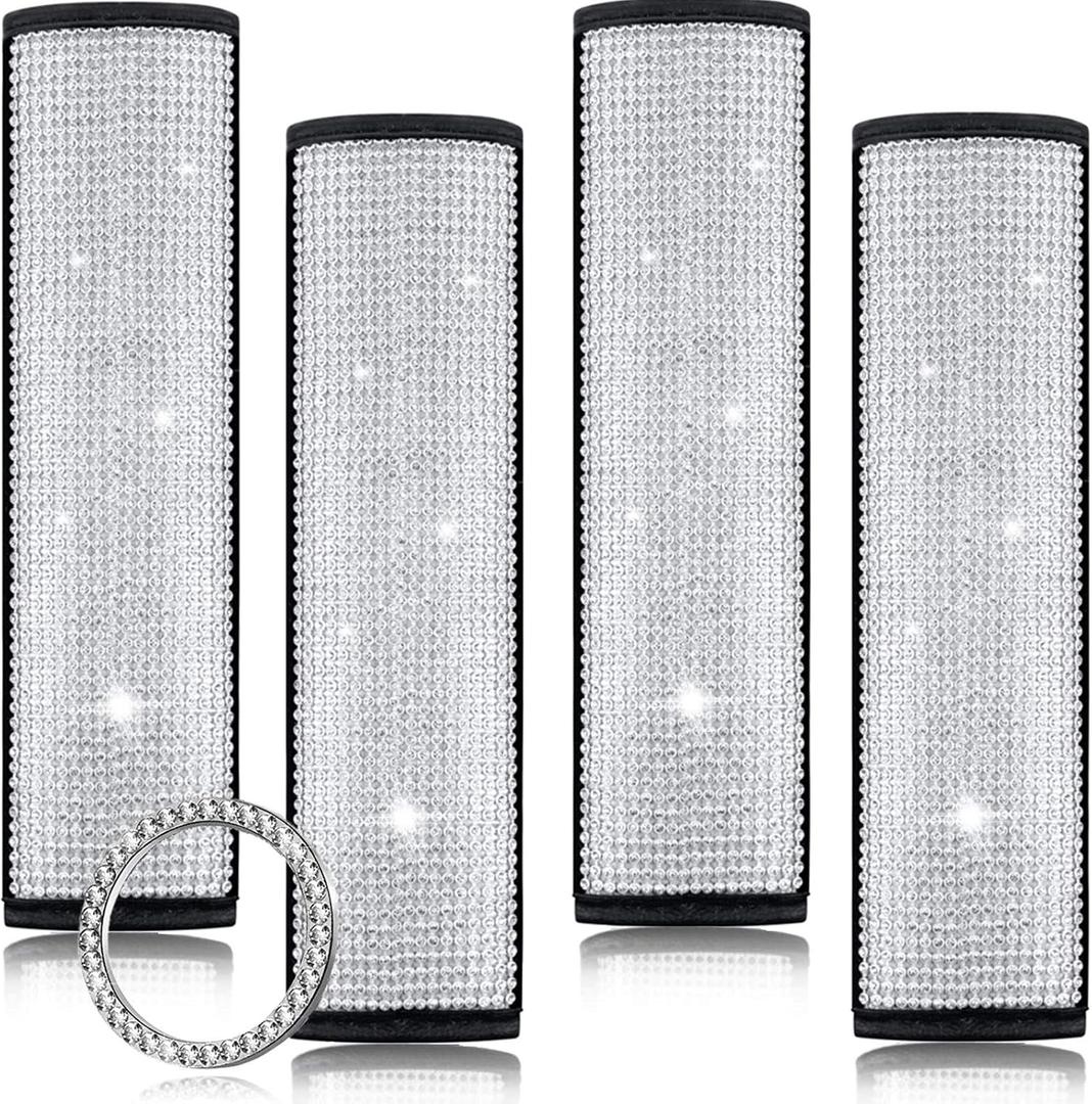 Tallew 5 Pack Bling Seat Belt Covers Rhinestones Car Seat Belt Strap Shoulder Pad for Women with Crystal Diamond Soft Rhinestone Start Button Universal Interior Accessories for Car SUV