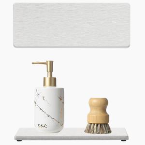 2PCS Beige Bathroom Sink Vanity Trays, Water Absorbing Diatomite Stone Drying Soap Dish Dispenser for Kitchen Counter, Sponge Holder Mat Rack Faucet Splash Guard Caddy Organizer, 9"x3.5" (2 Pack - Greige)