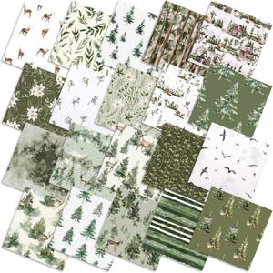 HunnmingRe 20 Pcs 10''x10'' Watercolor Forest Quilting Fabric Square Woodland Precuts Quilted Fabric Bundle Reindeer Tree Printed Sewing Material for Christmas Holiday Patchwork DIY Craft Supplies
