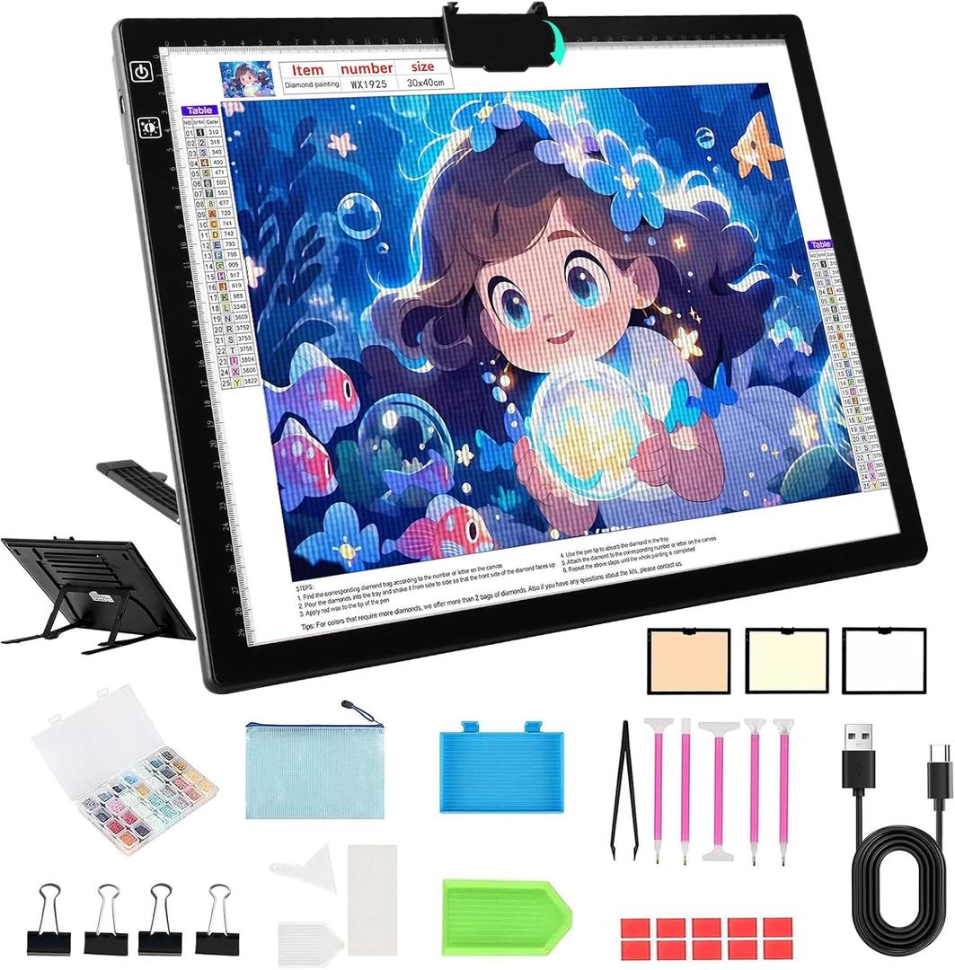 TSOCOS Rechargeable A3 Diamond Painting Light Pad, Battery & USB Powered, 3 Colours, 6 Levels Brightness, Tracing Light Box with Stand & Magnetic Clip